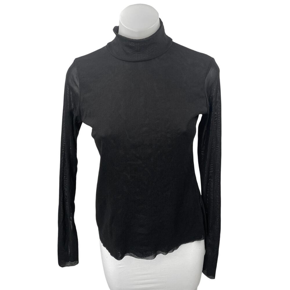 Zara Women's Black Mesh Semi Sheer Long Sleeve Turtleneck Blouse Top Size L